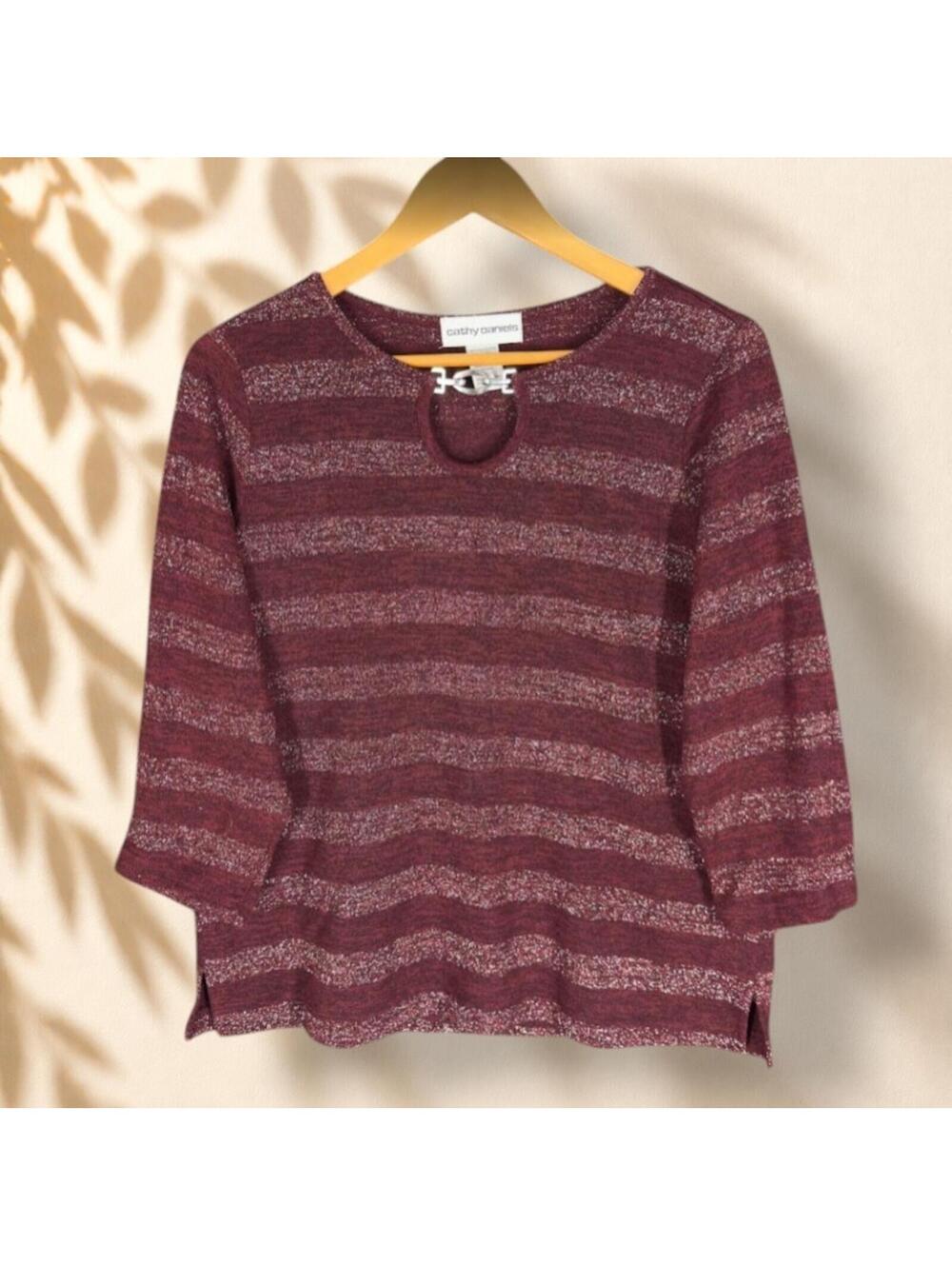 Cathy Daniels Knit Top Women L Large Red Stiped 3/4 Sleeve Round Neck Casual
